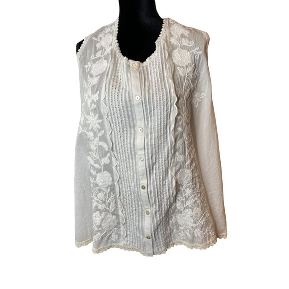 Karyn‎ Seo White Sleeveless Button Up Blouse Floral Embroidery Lace Trim Large - Picture 1 of 10